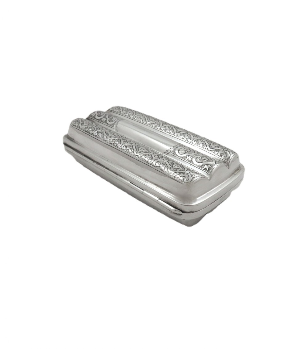 An engraved Victorian sterling silver cigar case featuring three contoured sections and intricate foliate patterns with stamped hallmarks. View V