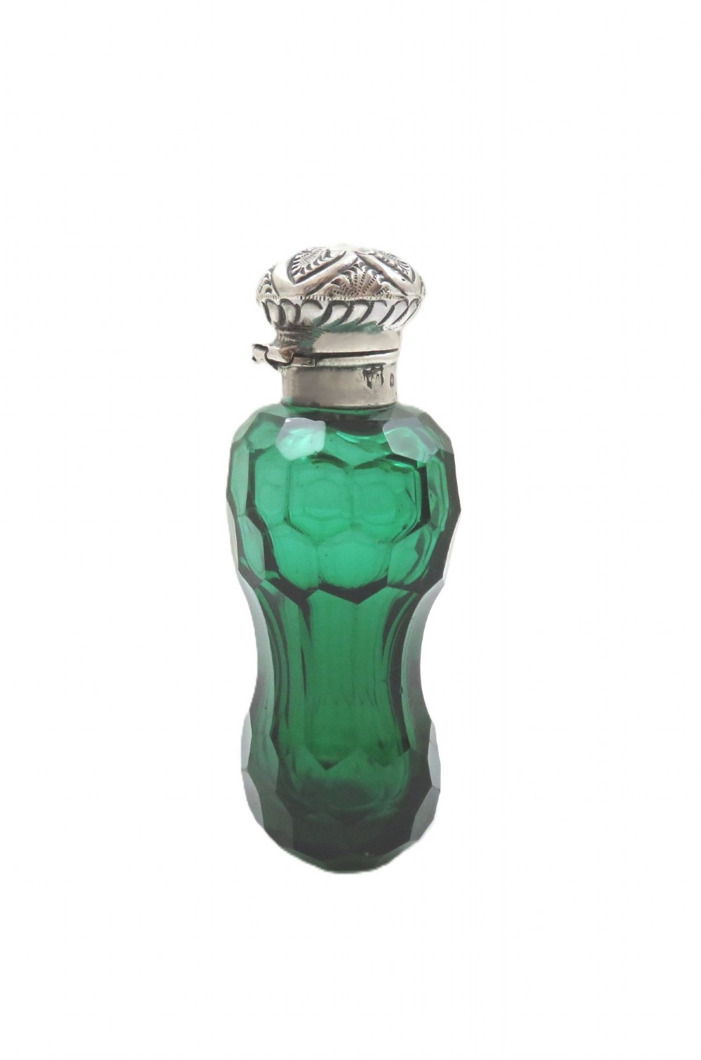 A late Victorian faceted green cut glass scent bottle featuring an engraved sterling silver collar and cap. View IV