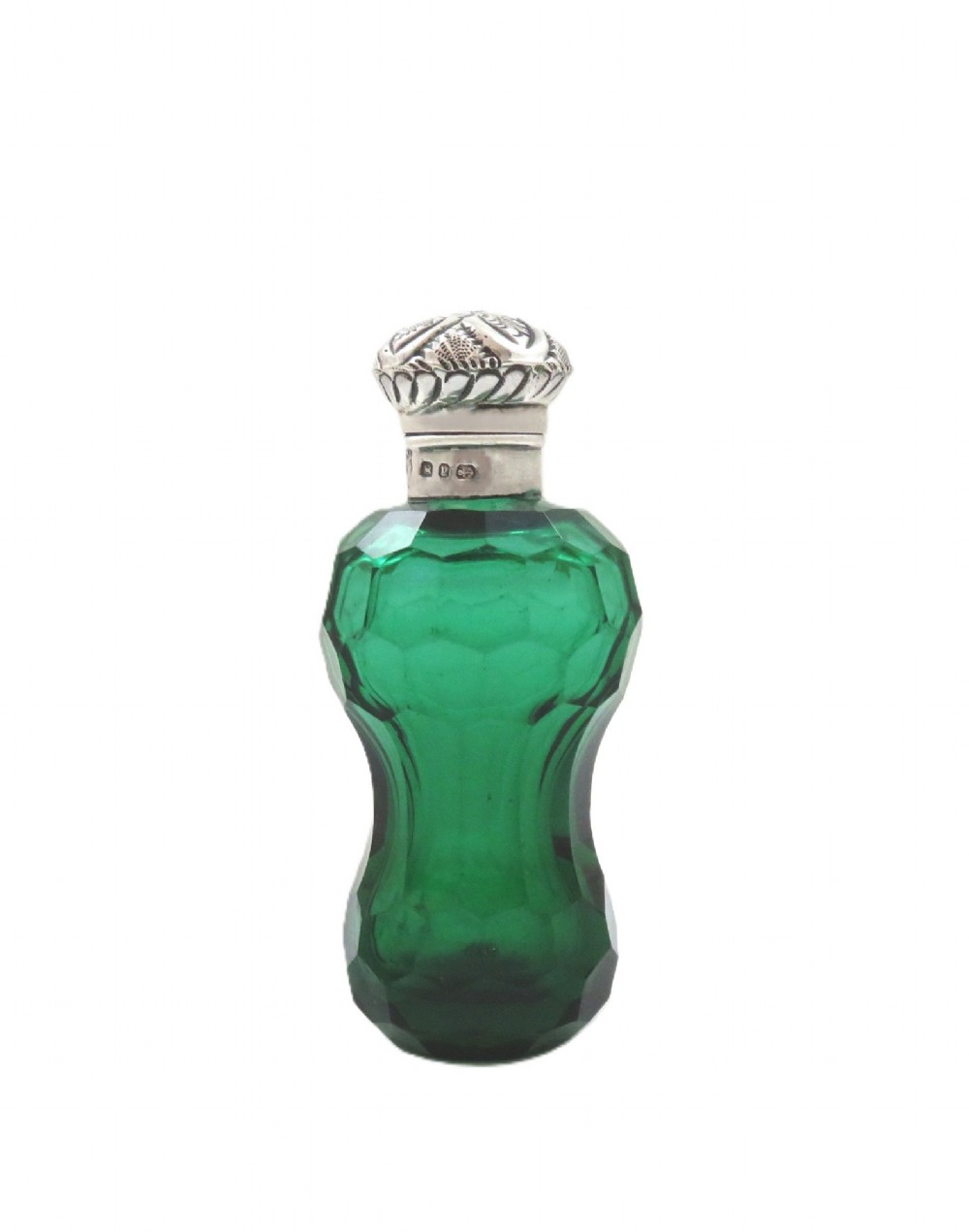 A late Victorian faceted green cut glass scent bottle featuring an engraved sterling silver collar and cap. View V