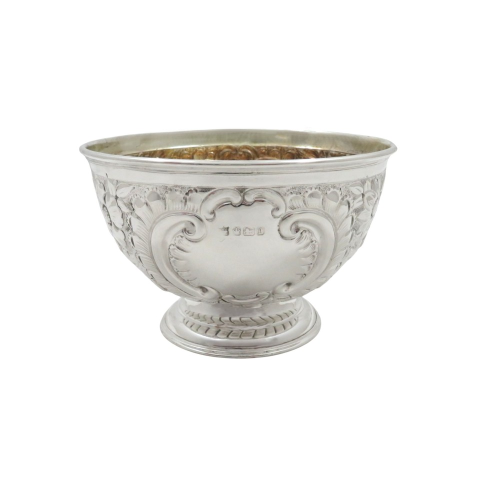 A late Victorian sterling silver pedestal bowl decorated with chased scrollwork, floral motifs, and visible assay hallmarks.