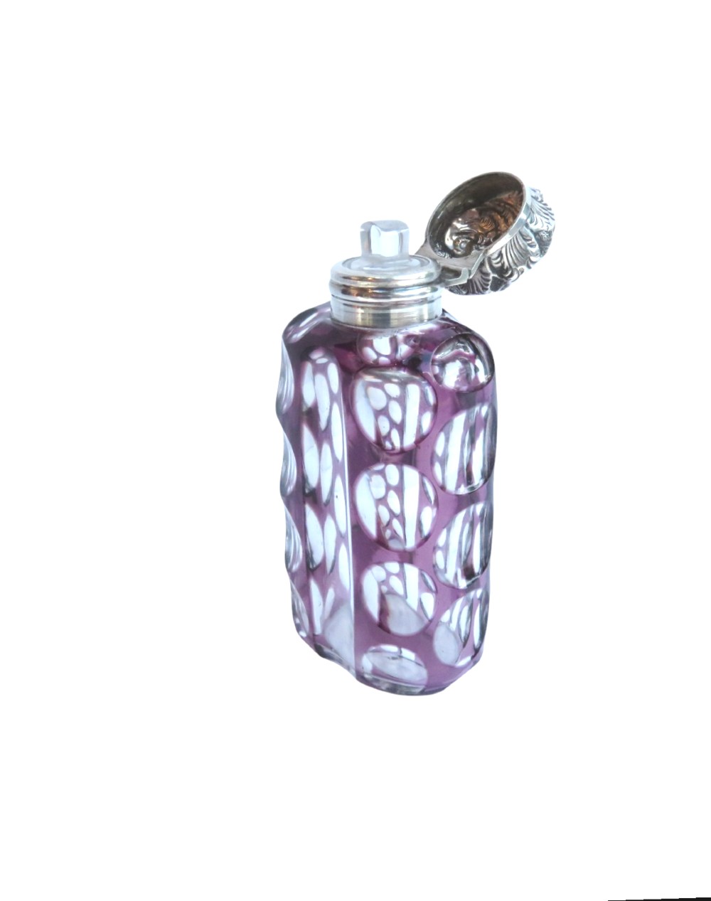 An Edwardian purple overlay cut glass scent bottle with oval clear cutouts and an embossed sterling silver cap. View III