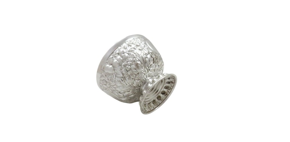 An antique Victorian sterling silver bowl featuring embossed floral motifs, polished cartouches, and a stepped circular pedestal base. View VI