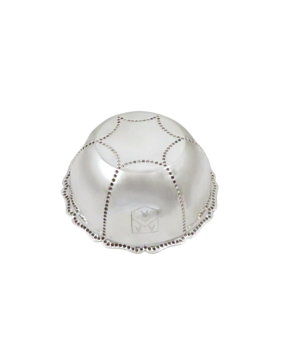 An Edwardian sterling silver fluted bowl featuring beaded rim detailing, resting inside a dark satin-lined presentation case. View VI