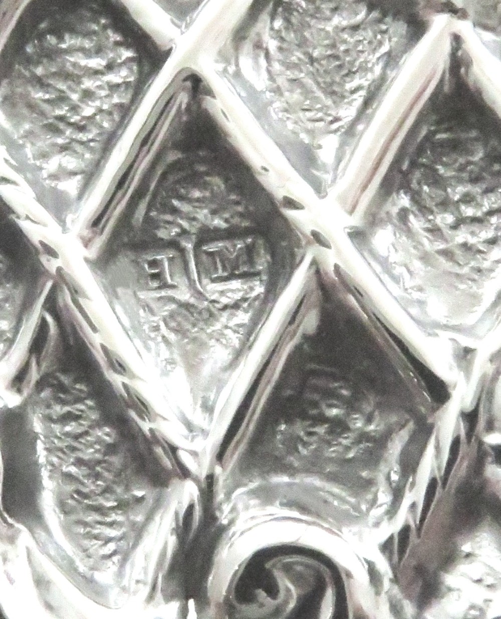 A rectangular Edwardian sterling silver dressing tray featuring ornate repousse scrollwork, lattice patterns, and a central unengraved cartouche. View VII