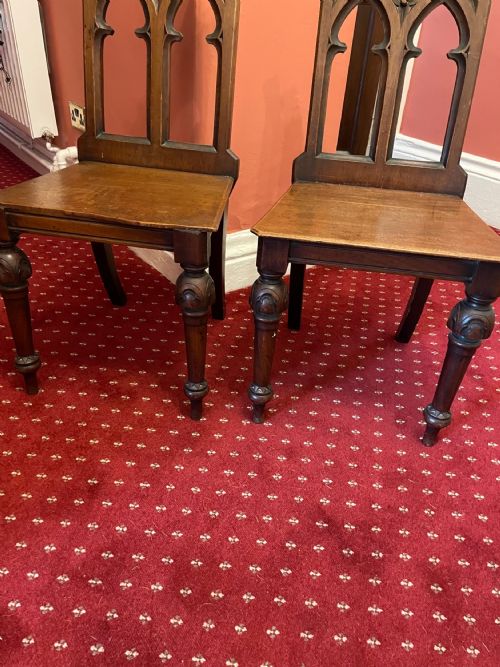 A PAIR OF VICTORIAN GOTHIC STYLE HALL CHAIRS - ADDITIONAL PHOTO 2
