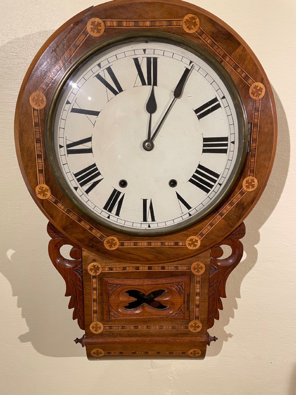 Late 19thc American walnut inlaid wall clock