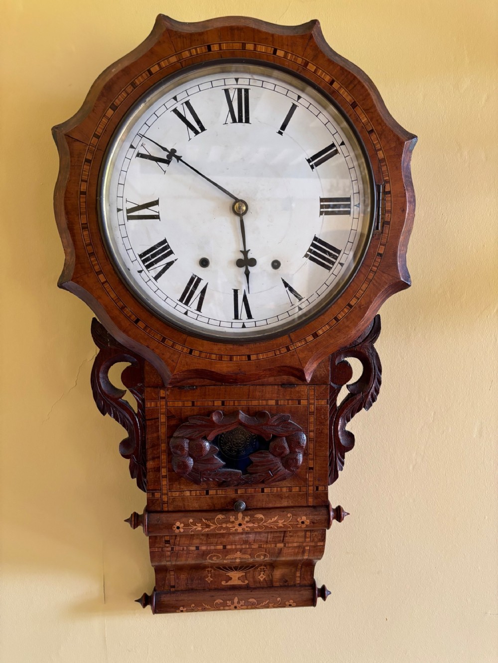 Late 19thc American Walnut and inlaid wall clock