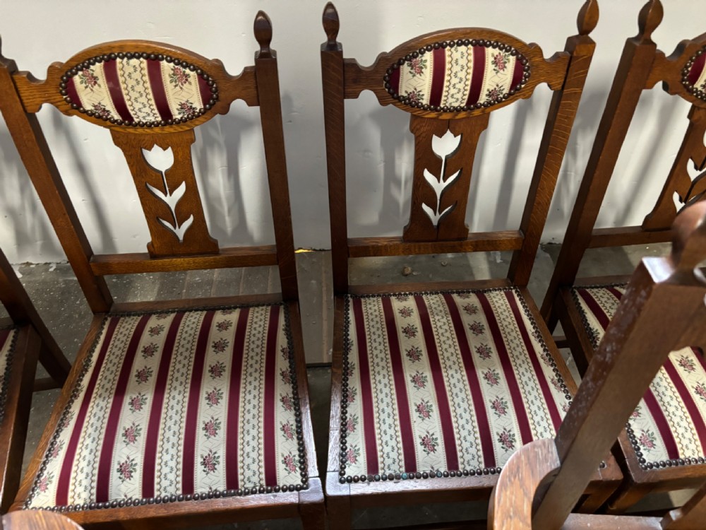 Set of six Edwardian Art Nouveau oak dining chairs View II