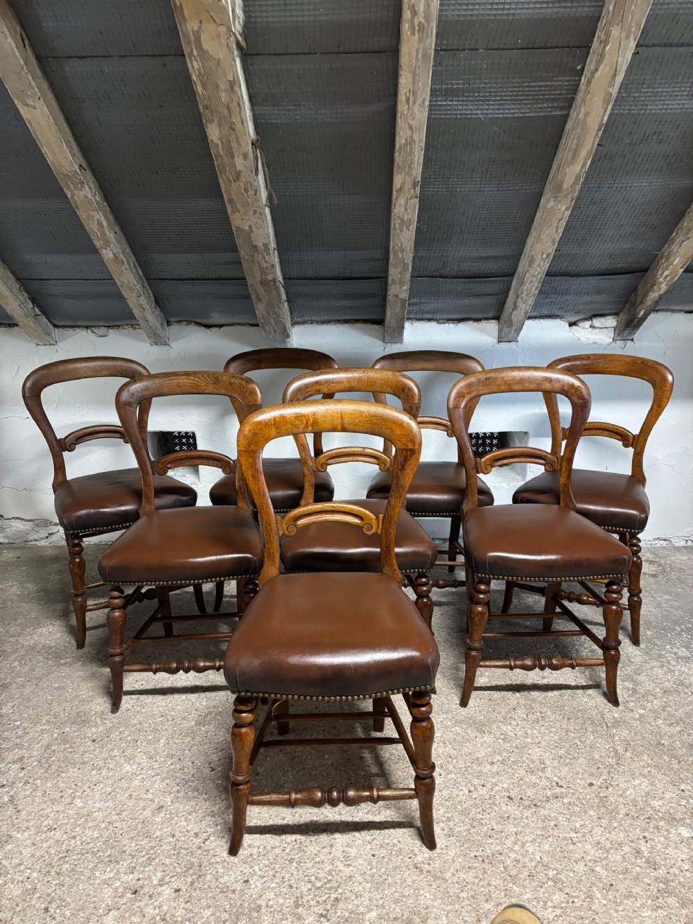 A set of eight Victorian Beech Balloon Back dining chairs