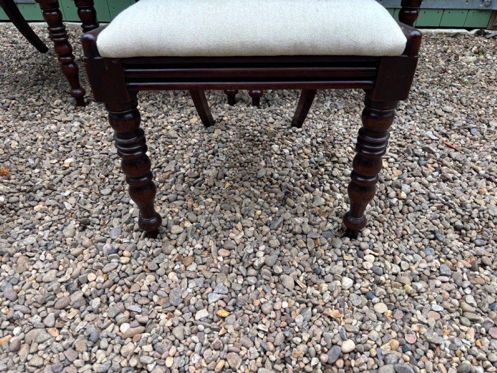 A set of five William IV mahogany dining chairs with carved back splats, turned front legs, and neutral cream upholstered seats. View II