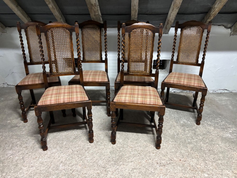 A set of six dark oak dining chairs with cane-panelled backs, barley twist uprights, turned legs, and plaid fabric upholstered seats. View II