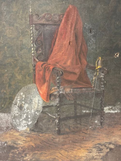 fig 1. An unframed 19th-century oil painting on canvas depicting a still life scene with a carved 17th-century style chair, draped red fabric, a sword, and a shield.