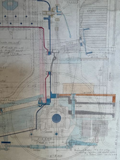 fig 3. A large hand-drawn Edwardian technical engineering plan of a steam locomotive rendered in ink with coloured accents on aged paper.