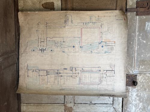 fig 6. A large hand-drawn Edwardian technical engineering plan of a steam locomotive rendered in ink with coloured accents on aged paper.