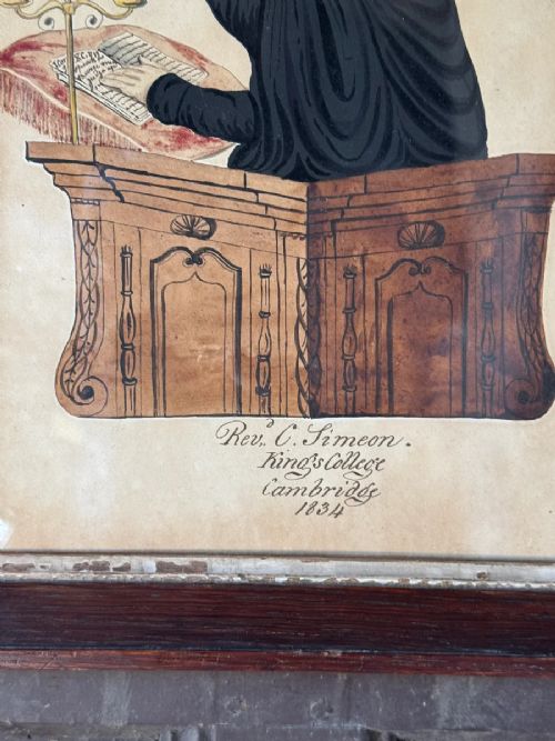 fig 1. A profile watercolour portrait from 1834 depicting Rev. Charles Simeon preaching in a pulpit, set in a wooden frame with a gilded slip.