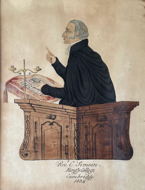 fig 2. A profile watercolour portrait from 1834 depicting Rev. Charles Simeon preaching in a pulpit, set in a wooden frame with a gilded slip.