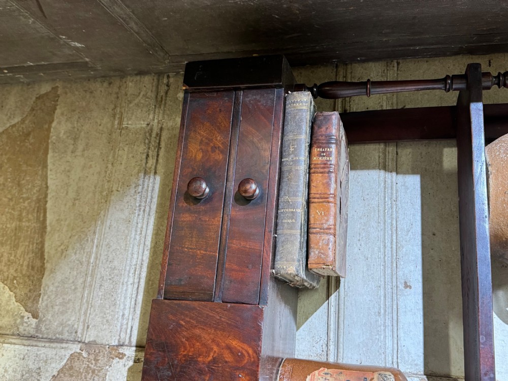 A 19TH CENTURY SET OF MAHOGANY APOTHECARY WALL SHELVES WITH ORIGINAL LABELS TO DRAWER INTERIORS View X