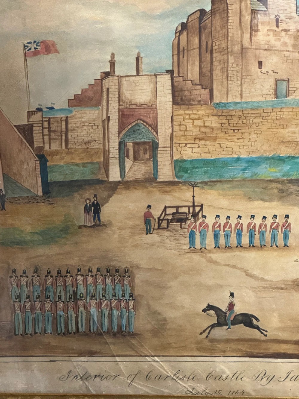 An antique framed watercolour painting depicting soldiers assembled in a castle courtyard within a wide dark wooden frame. View IV