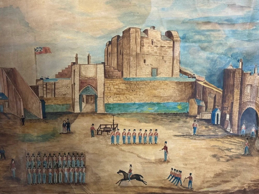 An antique framed watercolour painting depicting soldiers assembled in a castle courtyard within a wide dark wooden frame. View V