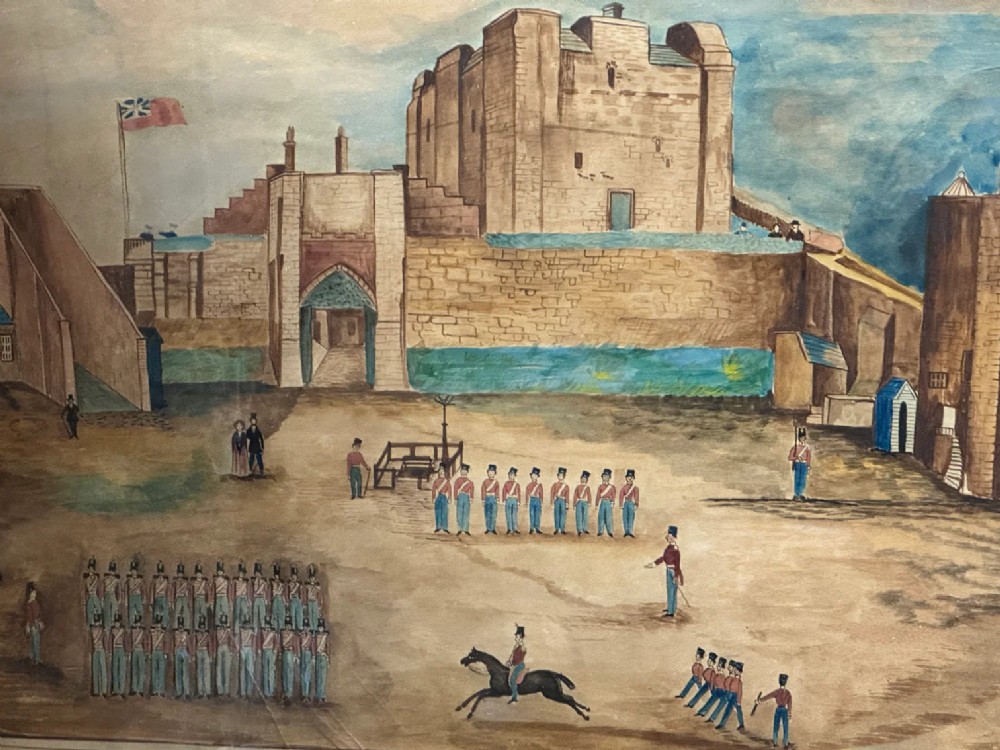 An antique framed watercolour painting depicting soldiers assembled in a castle courtyard within a wide dark wooden frame. View VI