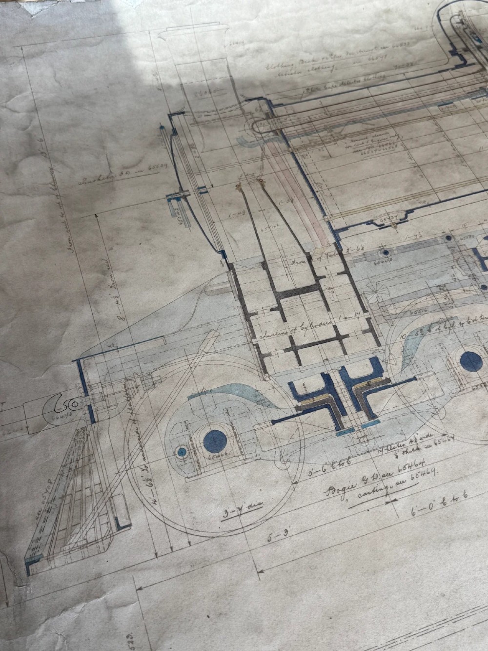 A large hand-drawn Edwardian technical engineering plan of a steam locomotive rendered in ink with coloured accents on aged paper. View II