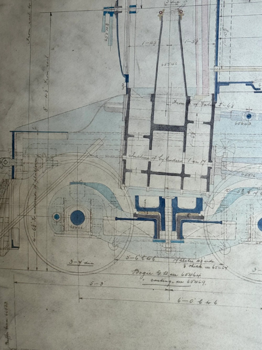 A large hand-drawn Edwardian technical engineering plan of a steam locomotive rendered in ink with coloured accents on aged paper. View VIII