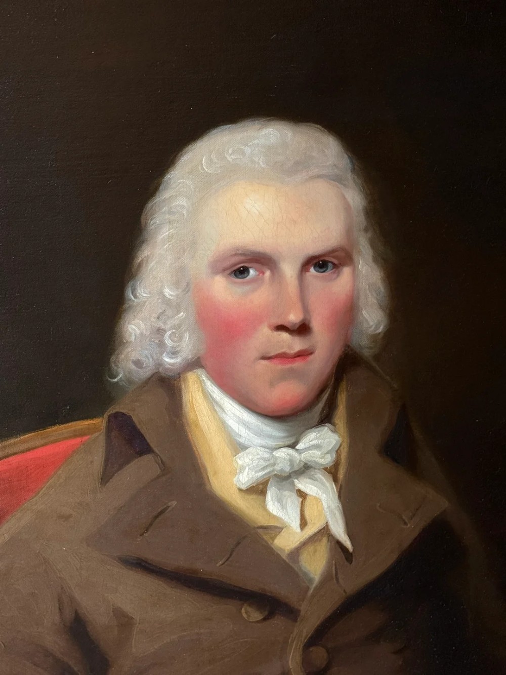 An 18th-century oil painting on canvas depicting a gentleman in a brown coat and white cravat, housed in a thick, ornate gilded frame. View V