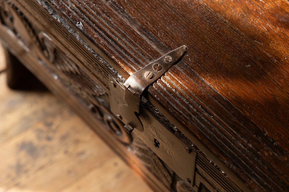 An Elizabethan carved oak boarded chest featuring relief carvings of winged mythical beasts, an iron lockplate, and slab end legs. View VII