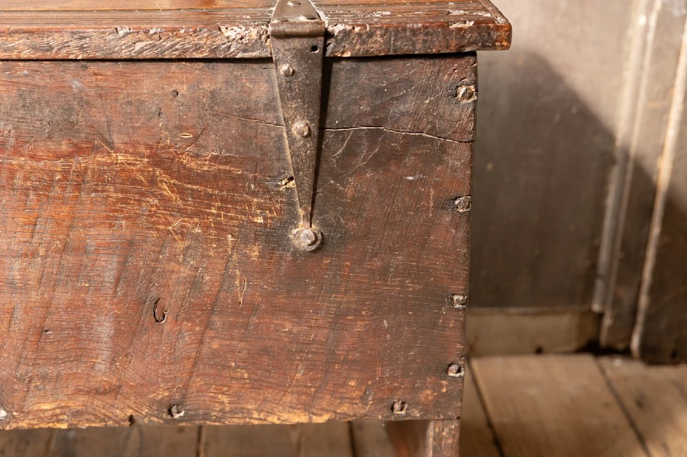 An Elizabethan carved oak boarded chest featuring relief carvings of winged mythical beasts, an iron lockplate, and slab end legs. View XI