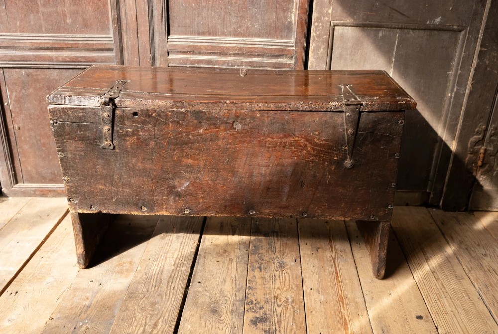 An Elizabethan carved oak boarded chest featuring relief carvings of winged mythical beasts, an iron lockplate, and slab end legs. View XII