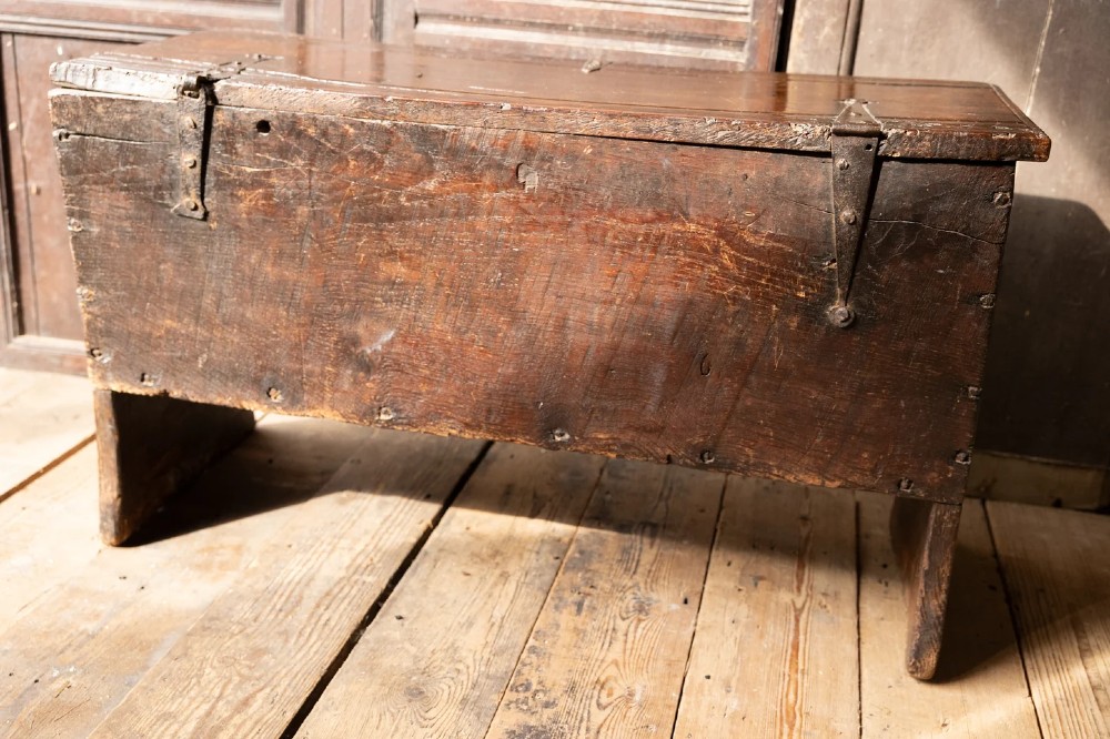 An Elizabethan carved oak boarded chest featuring relief carvings of winged mythical beasts, an iron lockplate, and slab end legs. View XIII