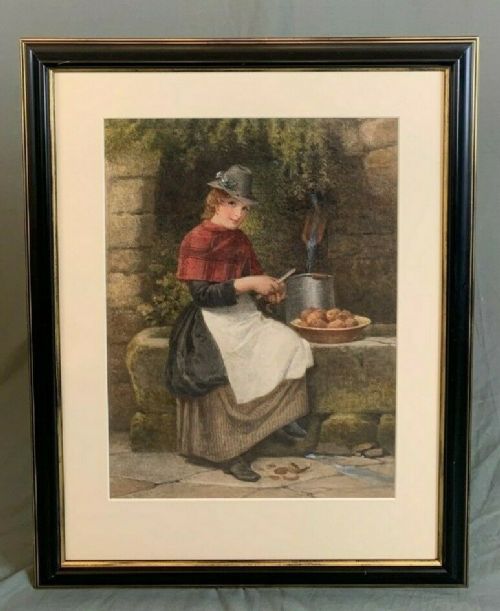 fig 1. A Victorian watercolour painting depicting a seated young woman wearing a red plaid shawl and white apron, peeling potatoes into a bowl outside a stone building.