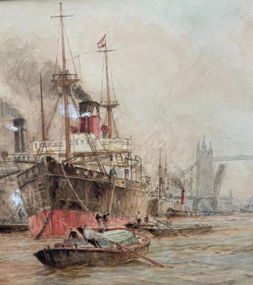 fig 1. A horizontal sepia watercolour painting depicting steamships, tugboats, and rowboats on the River Thames with Tower Bridge visible in the background.