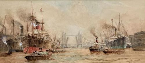 fig 2. A horizontal sepia watercolour painting depicting steamships, tugboats, and rowboats on the River Thames with Tower Bridge visible in the background.