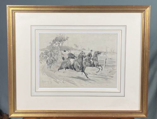 fig 1. A monochrome grey watercolour painting depicting men riding horses along a dirt path during a country hunt, signed Hodgson 96.