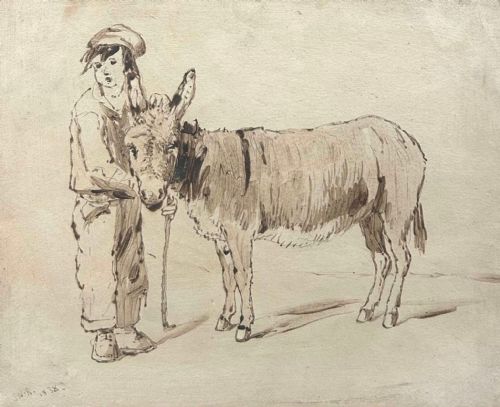 fig 1. An early Victorian pen and ink wash drawing on aged paper featuring a young boy in a cap standing alongside a donkey.