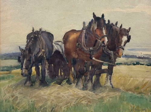 VINTAGE COUNTRYSIDE WATERCOLOUR HEAVY HORSES FARMING BY J PYM 1939