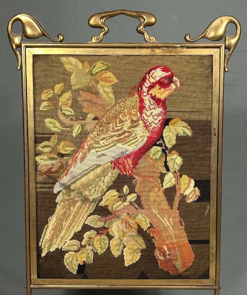 ANTIQUE ART NOUVEAU BRASS FIRE SCREEN PARROT TAPESTRY - ADDITIONAL PHOTO 2