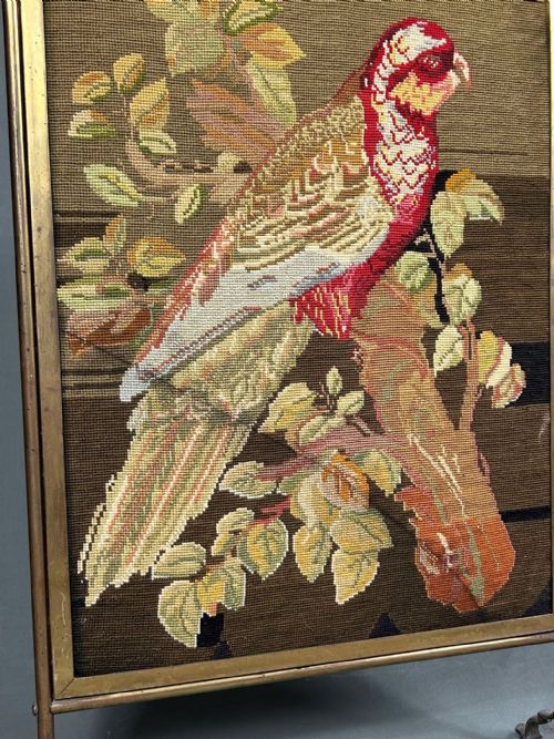 ANTIQUE ART NOUVEAU BRASS FIRE SCREEN PARROT TAPESTRY - ADDITIONAL PHOTO 3