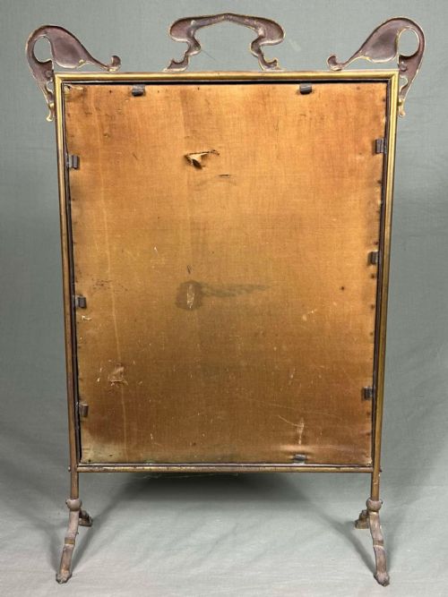 ANTIQUE ART NOUVEAU BRASS FIRE SCREEN PARROT TAPESTRY - ADDITIONAL PHOTO 4