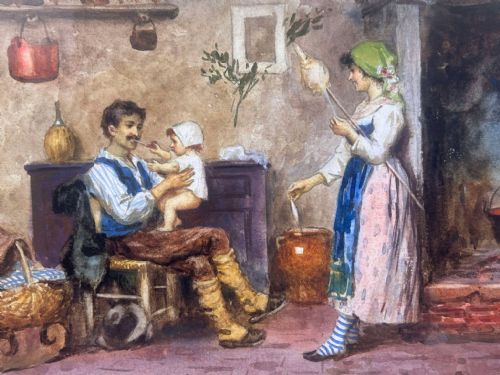 19TH CENTURY ITALIAN FIGURATIVE INTERIOR WATERCOLOUR BY LEONARDO MORELLO - ADDITIONAL PHOTO 4