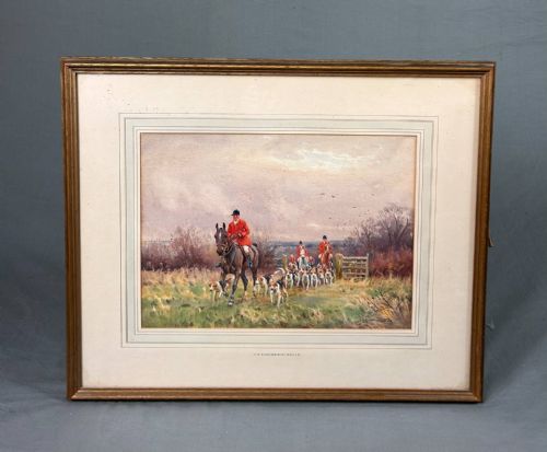 fig 1. A pair of watercolour paintings depicting fox hunting scenes with equestrian riders in red coats accompanied by hounds moving across countryside terrain.