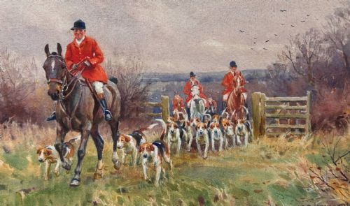 fig 2. A pair of watercolour paintings depicting fox hunting scenes with equestrian riders in red coats accompanied by hounds moving across countryside terrain.