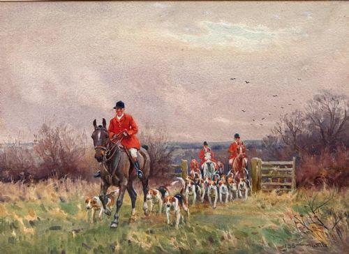 fig 3. A pair of watercolour paintings depicting fox hunting scenes with equestrian riders in red coats accompanied by hounds moving across countryside terrain.