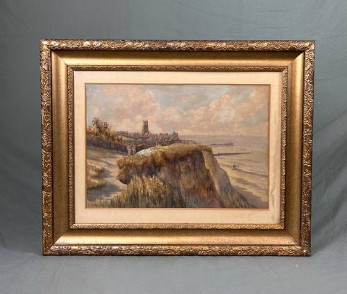 fig 1. An antique watercolour painting depicting a coastal cliff path with figures overlooking the town of Cromer, a church tower, and the sea.