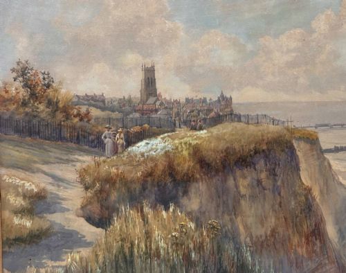 fig 2. An antique watercolour painting depicting a coastal cliff path with figures overlooking the town of Cromer, a church tower, and the sea.