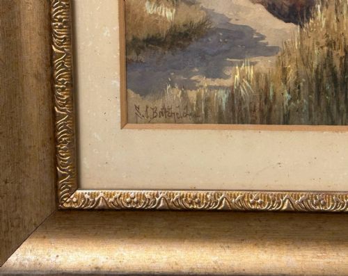 fig 3. An antique watercolour painting depicting a coastal cliff path with figures overlooking the town of Cromer, a church tower, and the sea.