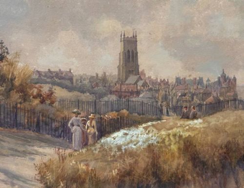 fig 4. An antique watercolour painting depicting a coastal cliff path with figures overlooking the town of Cromer, a church tower, and the sea.