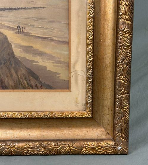 fig 5. An antique watercolour painting depicting a coastal cliff path with figures overlooking the town of Cromer, a church tower, and the sea.