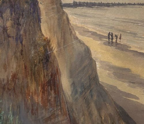 fig 6. An antique watercolour painting depicting a coastal cliff path with figures overlooking the town of Cromer, a church tower, and the sea.